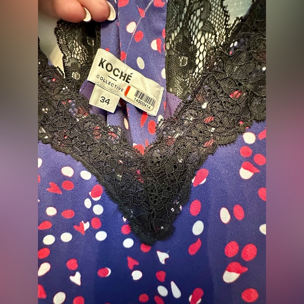 Koche Paris Slip Dress Size EU 34 (XS/S)-Lace Trim Purple with Polka Dots - Picture 2 of 4